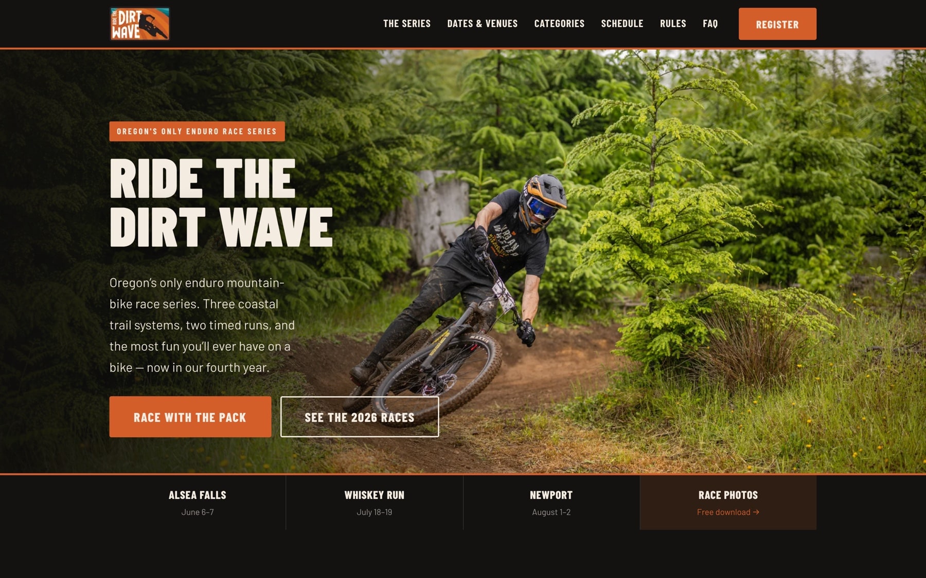 The rebuilt Ride the Dirt Wave homepage: a full-bleed photograph of a rider carving a dirt berm, the series name set large in condensed type over it, and a dark strip along the bottom listing all three race venues with their dates.