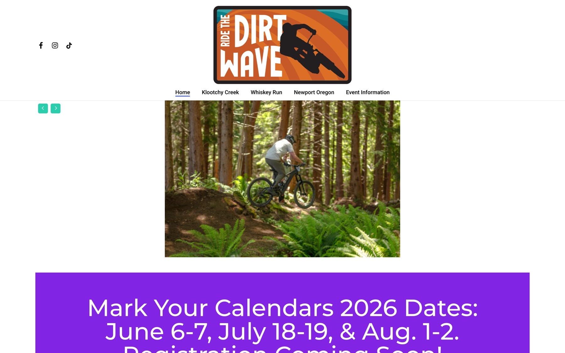 The previous Ride the Dirt Wave homepage on WordPress: the logo centred above a narrow row of text links, a small boxed photograph of a rider in the trees, and a bright purple banner announcing the 2026 race dates.